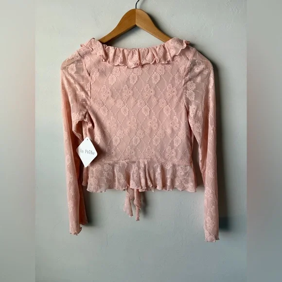NWT La Peche Baby Pink Lace Ruffle Blouse Front Tie Top Fairycore Coquette - Picture 6 of 6